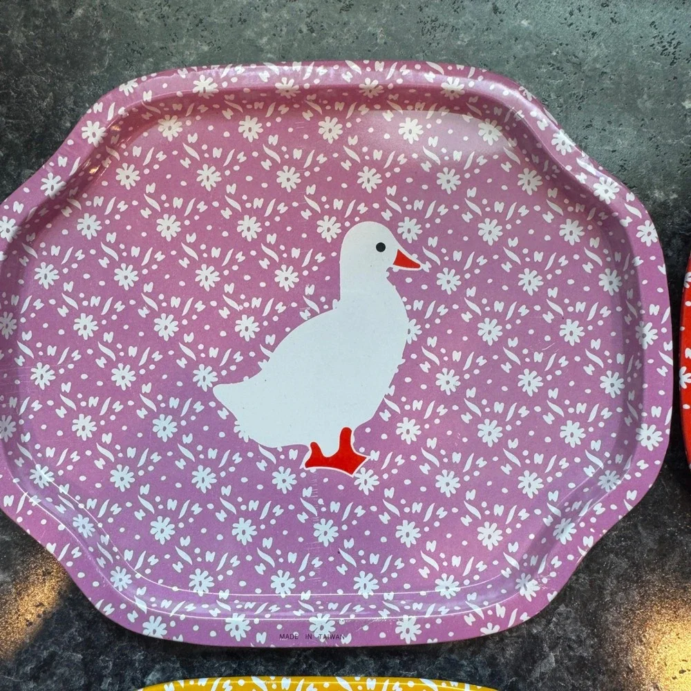 Vintage Farmhouse Animal Tin Trays Set of 4 Duck Cow Chicken Pig Cottagecore